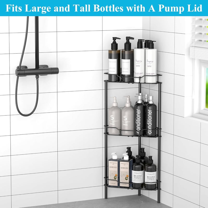 HuggieGems 3 Tier Floor Standing Corner Shower Caddy Organizer Shelf with Hooks, Bathroom Shelves Stand Rack, Black - Image 3